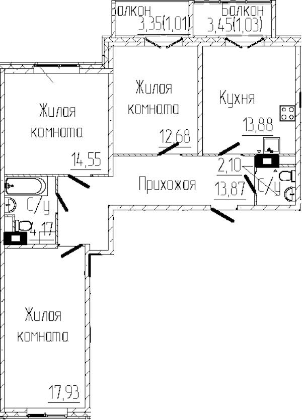 3-комнатная квартира 81.22 м², 4/8 эт., ЖК «SERTOLOVO PARK»